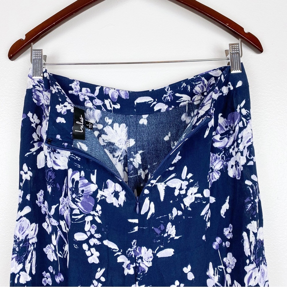 Lulu's Auckland Navy Blue Floral Print Wide-Leg Pants Size L - Picture 7 of 9